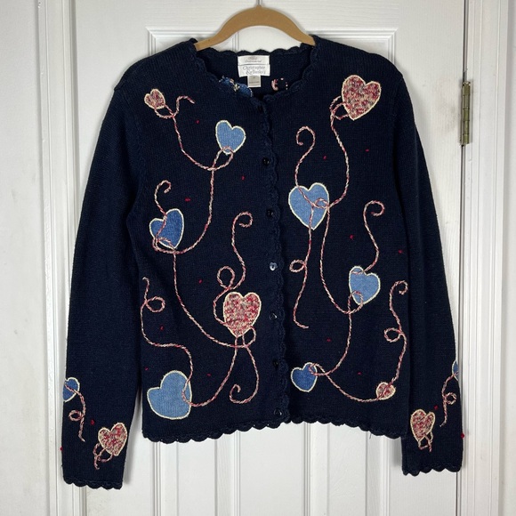 Vintage Sweaters - Vintage Y2K Christopher & Banks Hand Embroidered Strung Hearts Cardigan Sweater